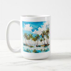 Zonneovergoten eiland waterverf palmboom strand v4 koffiemok