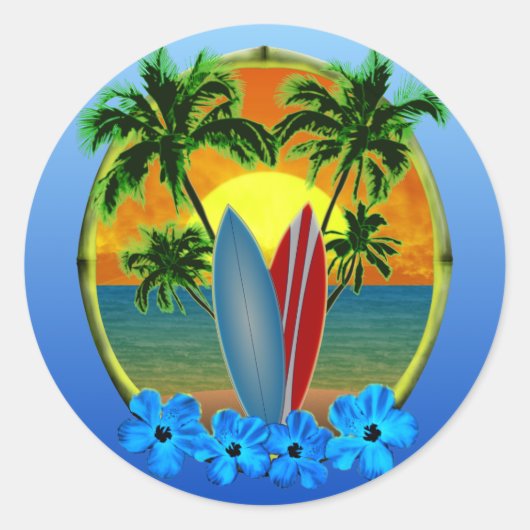 Zonneplaat en surfplanken ronde sticker (Voorkant)
