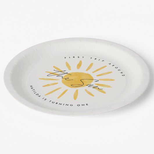zonneschijn 1 verjaardag waterverf zongeel modern papieren bordje (Gekanteld)