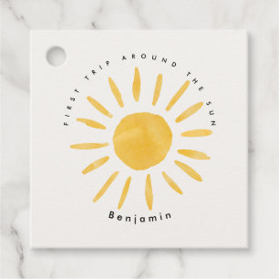 Zonneschijn 1e verjaardag waterverf zon bedankjes labels