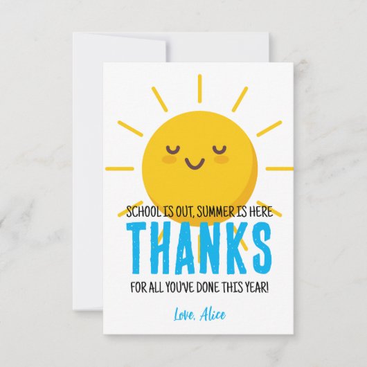 Zonneschijn Dank u, zomer leraar waardering Bedankkaart (Voorkant)
