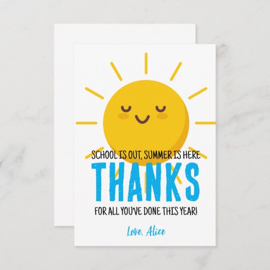 Zonneschijn Dank u, zomer leraar waardering Bedankkaart (Voorkant / Achterkant)