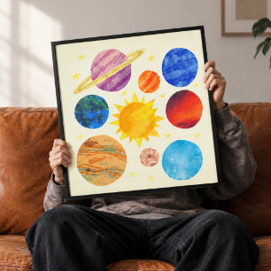 Zonnestelsel Aquarel & Textured Canvas Muurkunst Afdruk