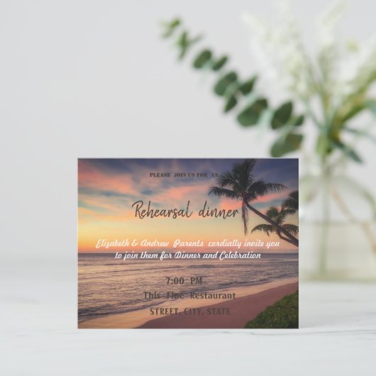 Zonnestrand bruiloft, Palms repetitief avondeten Kaart (Staand voorkant)