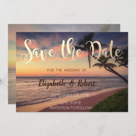 Zonnestrand bruiloft, palms sparen de datum save the date (Voorkant / Achterkant)