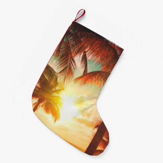 Zonnestrand met palmbomen en prachtige hemelboom kleine kerstsok (Voorkant (Hangend))
