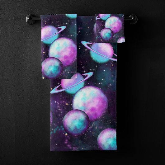 Zonnesysteemgloed | Kosmic Blue Paars roze planet Bad Handdoek