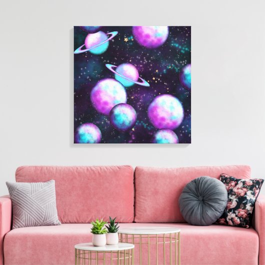 Zonnesysteemgloed | Kosmic Blue Paars roze planet Canvas Afdruk (Insitu (Woonkamer))