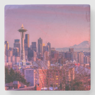 Zonnetijd achter Seattle skyline van Kerry Park. Stenen Onderzetter