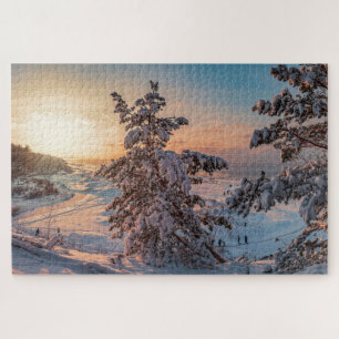 Zonnetijd voor de wintersneeuwkust van het zee legpuzzel