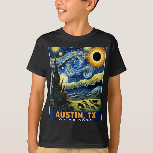 Zonneverduistering 2024 Austin Texas Van Gogh Ster T-shirt (Voorkant)