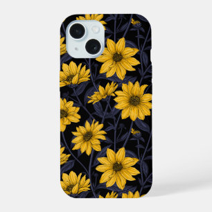 Zonnewortel, wilde zonnebloem in geel en blauw iPhone 15 hoesje