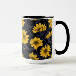 Zonnewortel, wilde zonnebloem in geel en blauw mok