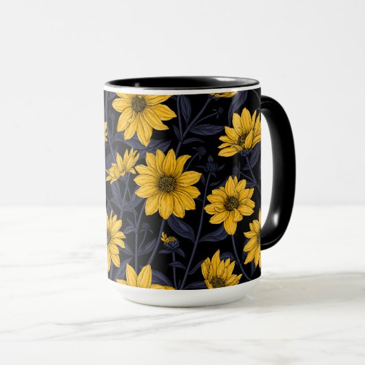 Zonnewortel, wilde zonnebloem in geel en blauw mok (Voorkant rechts)