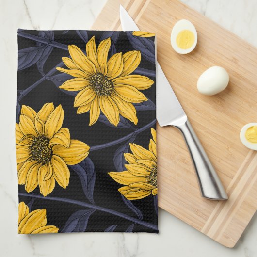 Zonnewortel, wilde zonnebloem in geel en blauw theedoek (Quarter Fold)