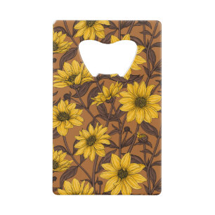 Zonnewortel, wilde zonnebloem in geel en bruin kredietkaart flessenopener