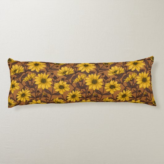 Zonnewortel, wilde zonnebloem in geel en bruin lichaamskussen (Achterkant)