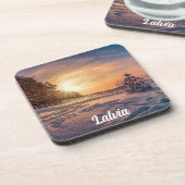 Zonnezone sneeuwkust zee bier onderzetter (Linkerzijde)