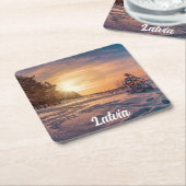 Zonnezone sneeuwkust zee vierkante kartonnen onderzetter (Schuin)