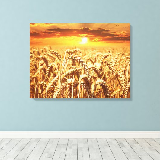 Zonnezonsondergang in tarwegebied canvas afdruk (Insitu (Houten vloer))
