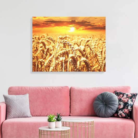 Zonnezonsondergang in tarwegebied canvas afdruk (Insitu (Woonkamer))
