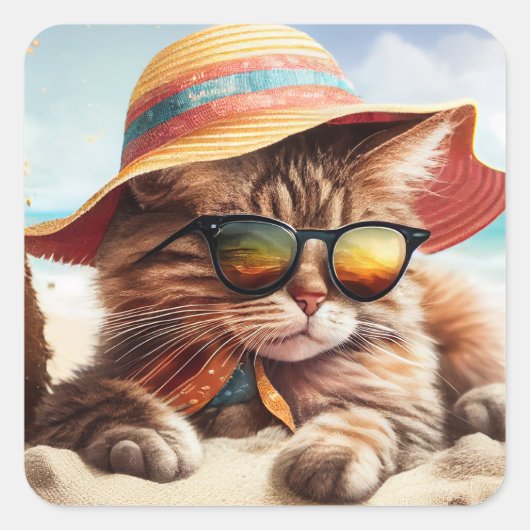 Zonnig Kat Vierkante Sticker (Voorkant)
