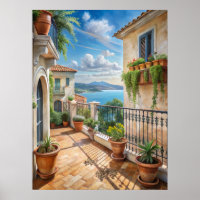Zonnig mediterraan balkon zeezicht kunst