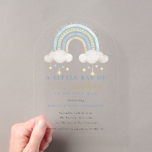 Zonnige Blauwe Boho Regenboog Jongens Baby Shower Acryl Uitnodigingen
