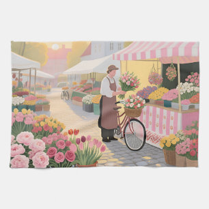 Zonnige bloemenstraat scène theedoek