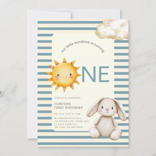Zonnige Cute Bunny Eerste Verjaardag OF code Kaart (Voorkant)