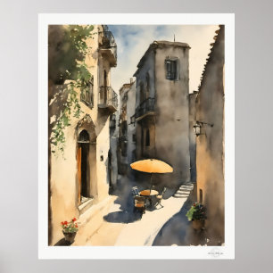 Zonnige dorpssteeg kunstprint, klinkerstraat  poster