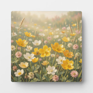Zonnige Gele Wilde Bloemenwei Wit Roze Zomer Fotoplaat