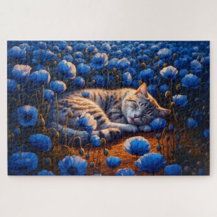 Zonnige kattenkleur slaap bloemenblauw schattige n legpuzzel