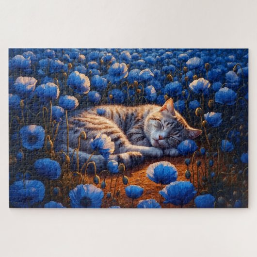 Zonnige kattenkleur slaap bloemenblauw schattige n legpuzzel (Horizontaal)