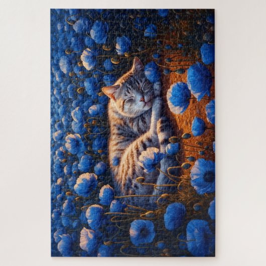 Zonnige kattenkleur slaap bloemenblauw schattige n legpuzzel (Verticaal)