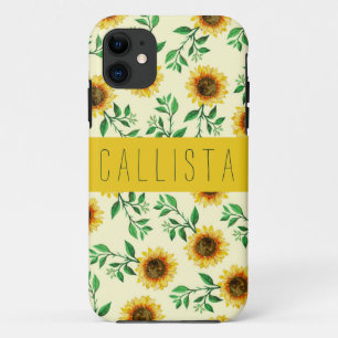 Zonnige pastel gele zonnebloemen bladeren monogram iPhone 11 hoesje