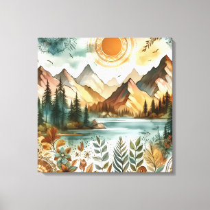 Zonnige Rustieke Boho Natuur Patroon Bergmeer Canvas Afdruk