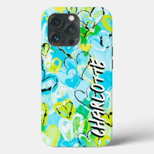 Zonnige Sky Serenade: Blauw Gele Graffiti Harten iPhone 13 Pro Hoesje