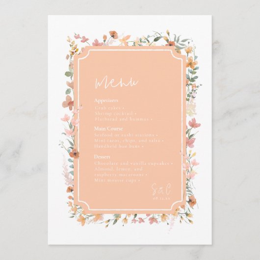 Zonnige Wildflower Bruiloft Menu Abrikoos ID1023 (Voorkant)