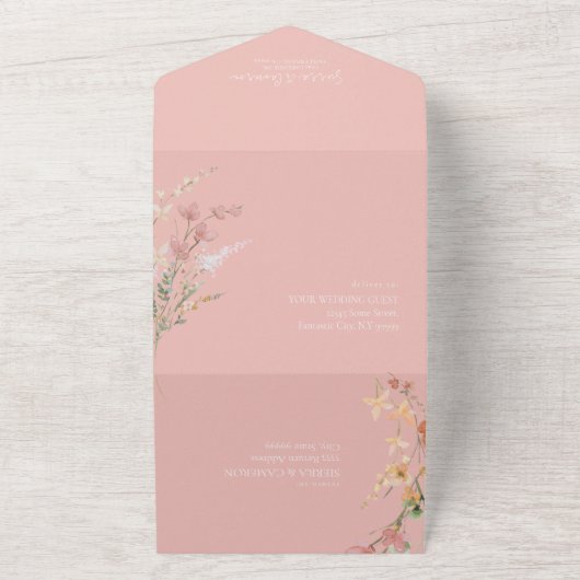 Zonnige Wildflower Bruiloft Roze ID1023 All In One Uitnodiging (Buitenkant)