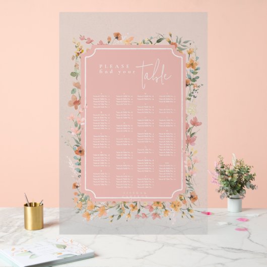 Zonnige Wildflower Bruiloft Zitje Roze ID1023 Acryl Bord (Huwelijk)