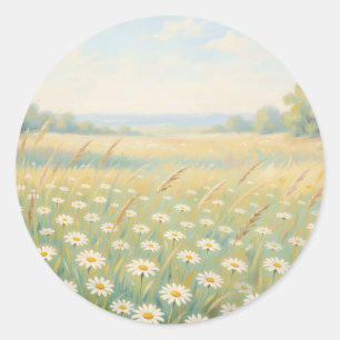 Zonnige Witte Madelief Weide Wilde Bloemen Veld Ronde Sticker
