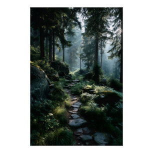 Zonovergoten bospad door oude pijnbomen perfect poster