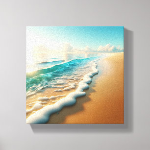 Zonovergoten gouden strand met dik wit zee-schuim canvas afdruk