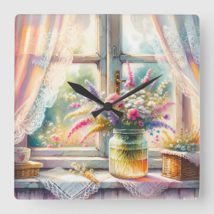 Zonovergoten raam cottage met wilde bloemen vierkante klok