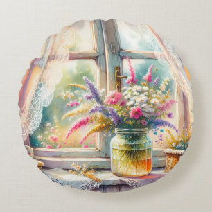 Zonovergoten raam cottage wilde bloemen rond kussen