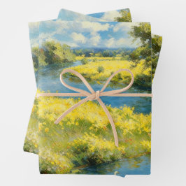 Zonovergoten Rivier & Gele Wilde Bloemenweide Inpakpapier Vel