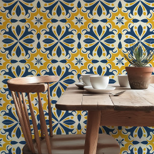 Zonovergoten Splendor: Blauwe en Gele Azulejo-Tege Behang