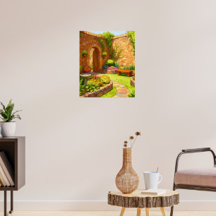 Zonovergoten stenen binnenhof tuinpaden aquarel ku poster