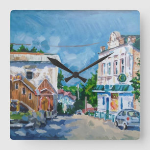 Zonovergoten Straat Impressionistische Wandklok    Vierkante Klok